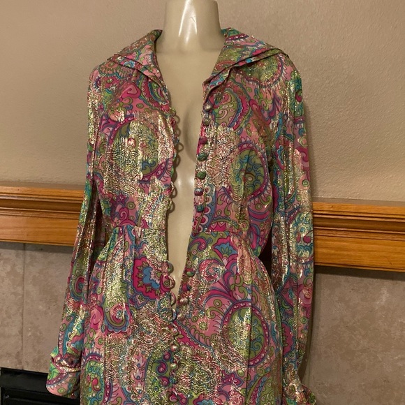 Vintage Harmay Chiffon metálico Floral Long Dress METALLIC - Picture 4 of 9